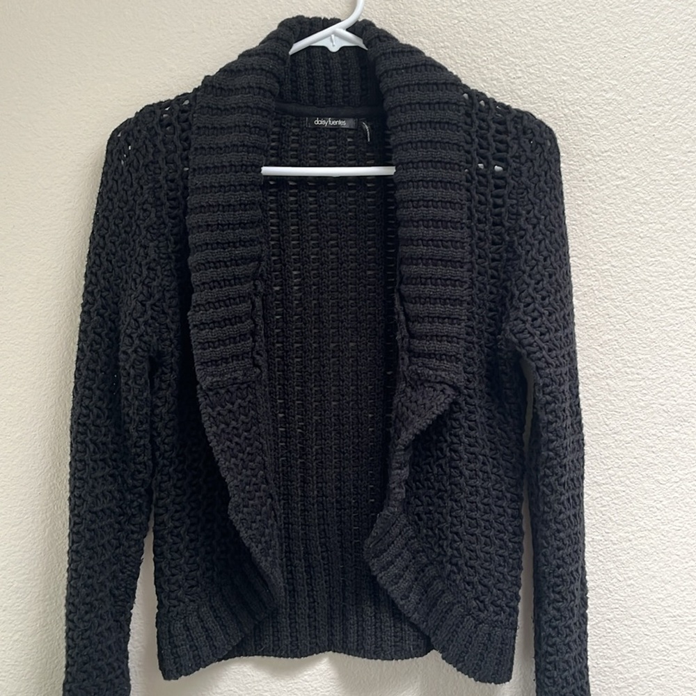 Daisy Fuentes Black Shawl Collar Knit Crochet Waterfall Cardigan, Size Large